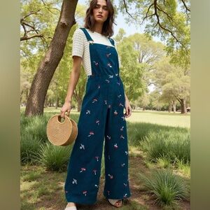 Wide-Leg Mushroom Print Black Jumpsuit Overalls 🍄 NWOT